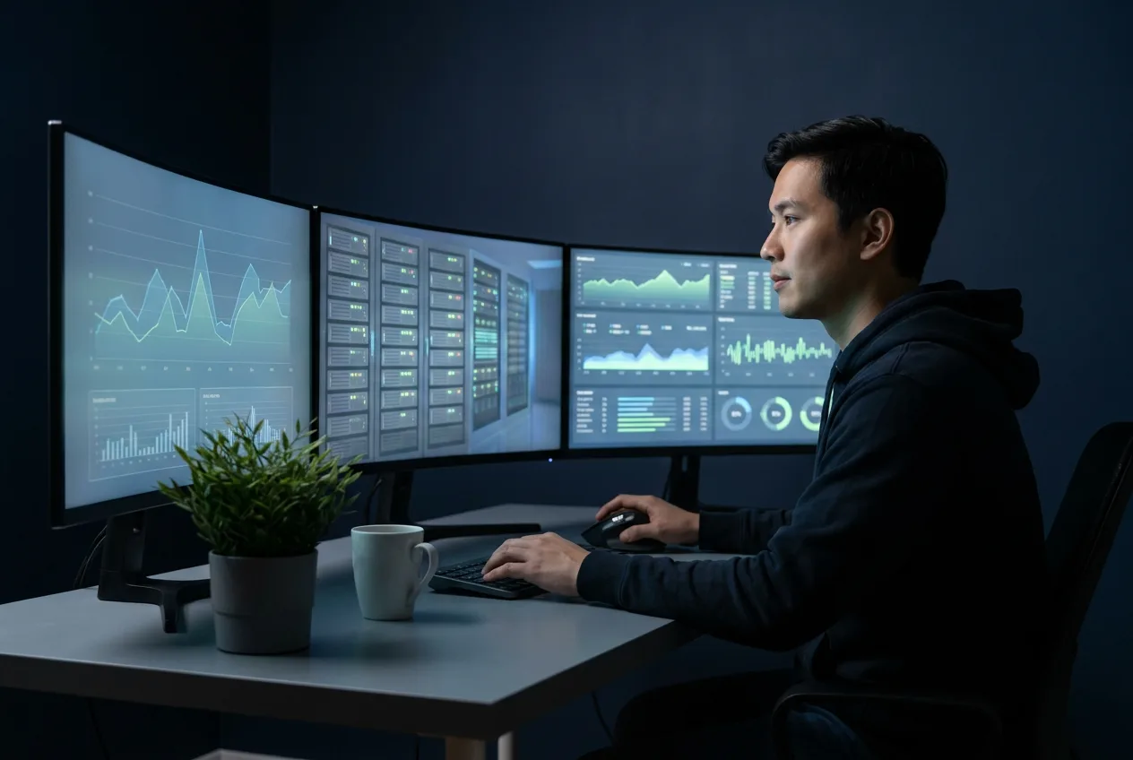 Technician monitoring business networks around the clock